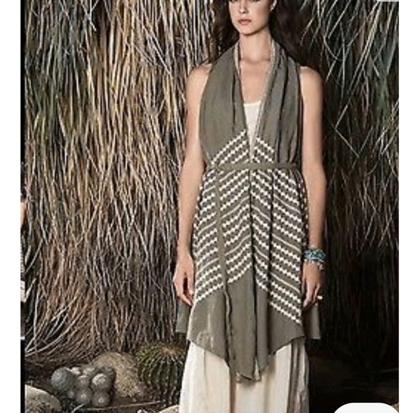 Johnny Was Jackets & Blazers - Johnny Was Petra Linen Embroidered Belted Vest Army Green Medium Drape Lapels